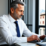 A focused Italian entrepreneur, male, middle-aged, seated at a sleek, minimalist desk. Dressed in a sharp, modest business suit, pristine white shirt, and a professional tie. Fully clothed, appropriate attire. A contemporary, well-lit office in an Italian city, featuring large windows with a subtle blur of historic architecture outside. On the desk are digital tablets and a laptop displaying complex financial charts, graphs, and data visualizations. A small, artisanal Italian coffee cup is beside the laptop. The overall atmosphere is serious, contemplative, and forward-thinking. Professional photography, high-resolution, sharp focus, natural lighting, perfect anatomy, correct proportions, natural pose, well-formed hands, proper finger count, natural body proportions. Safe for work, appropriate content, fully clothed, professional.