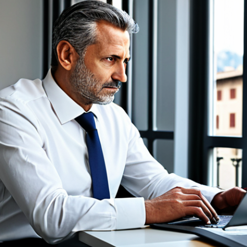 Home 14 A focused Italian entrepreneur, male, middle-aged, seated at a sleek, minimalist desk. Dressed in a sharp, modest business suit, pristine white shirt, and a professional tie. Fully clothed, appropriate attire. A contemporary, well-lit office in an Italian city, featuring large windows with a subtle blur of historic architecture outside. On the desk are digital tablets and a laptop displaying complex financial charts, graphs, and data visualizations. A small, artisanal Italian coffee cup is beside the laptop. The overall atmosphere is serious, contemplative, and forward-thinking. Professional photography, high-resolution, sharp focus, natural lighting, perfect anatomy, correct proportions, natural pose, well-formed hands, proper finger count, natural body proportions. Safe for work, appropriate content, fully clothed, professional.