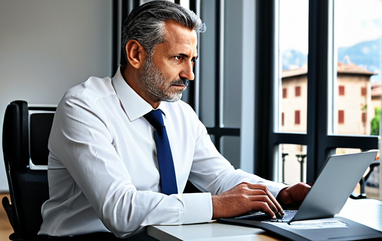 A focused Italian entrepreneur, male, middle-aged, seated at a sleek, minimalist desk. Dressed in a sharp, modest business suit, pristine white shirt, and a professional tie. Fully clothed, appropriate attire. A contemporary, well-lit office in an Italian city, featuring large windows with a subtle blur of historic architecture outside. On the desk are digital tablets and a laptop displaying complex financial charts, graphs, and data visualizations. A small, artisanal Italian coffee cup is beside the laptop. The overall atmosphere is serious, contemplative, and forward-thinking. Professional photography, high-resolution, sharp focus, natural lighting, perfect anatomy, correct proportions, natural pose, well-formed hands, proper finger count, natural body proportions. Safe for work, appropriate content, fully clothed, professional.