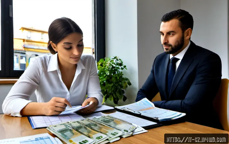 Home 10 사업 확장을 위한 재무 리스크 관리 전략 - Photorealistic Italian business owner and financial advisor reviewing expansion risk plans at a brig...